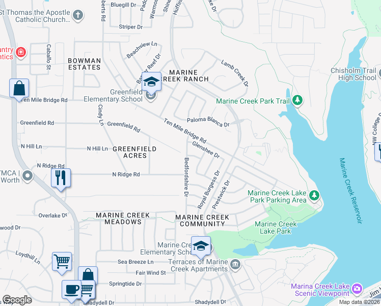map of restaurants, bars, coffee shops, grocery stores, and more near 5300 Bedfordshire Drive in Fort Worth