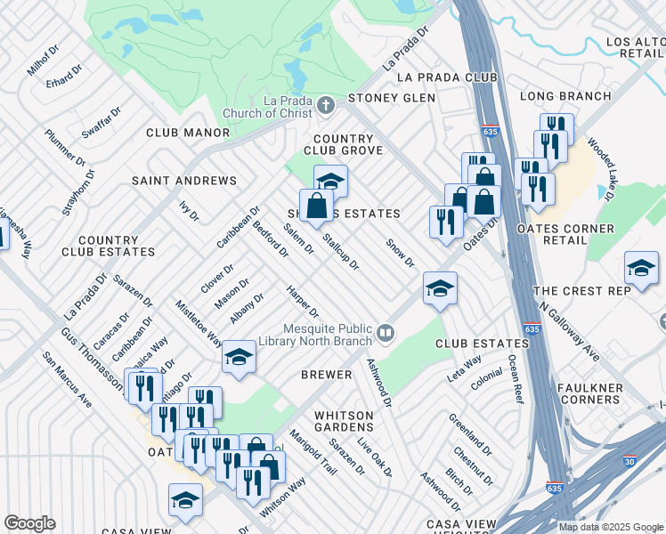 map of restaurants, bars, coffee shops, grocery stores, and more near 4772 Salem Drive in Mesquite