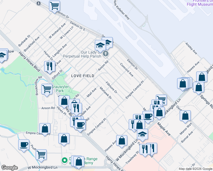 map of restaurants, bars, coffee shops, grocery stores, and more near 7302 Mohawk Drive in Dallas