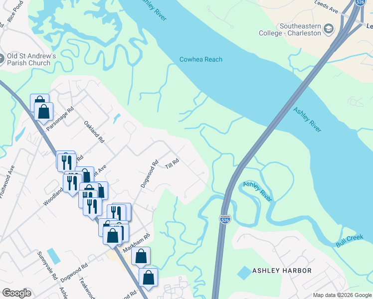 map of restaurants, bars, coffee shops, grocery stores, and more near 2112 Coffey Court in Charleston