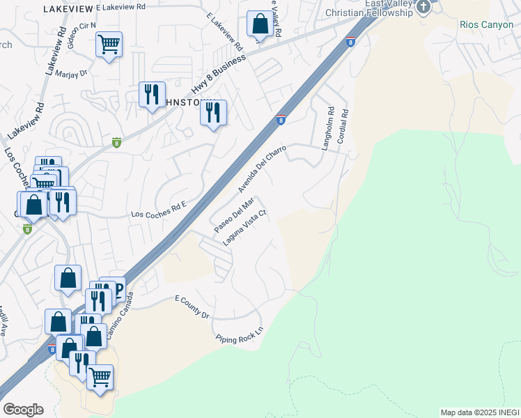 map of restaurants, bars, coffee shops, grocery stores, and more near 13669 Paseo Del Mar in El Cajon