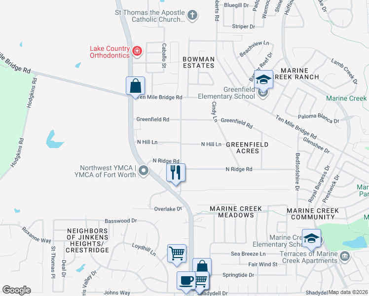 map of restaurants, bars, coffee shops, grocery stores, and more near 6229 North Hill Lane in Fort Worth