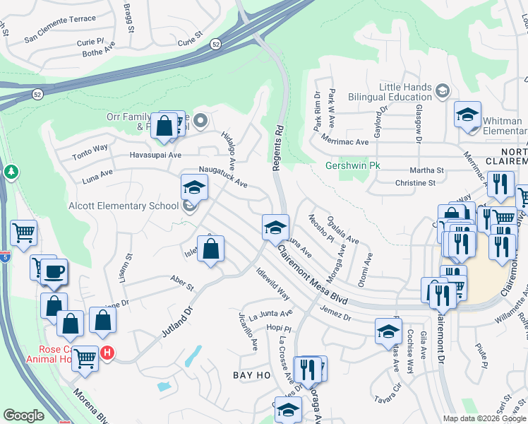 map of restaurants, bars, coffee shops, grocery stores, and more near 3180 Mandan Way in San Diego