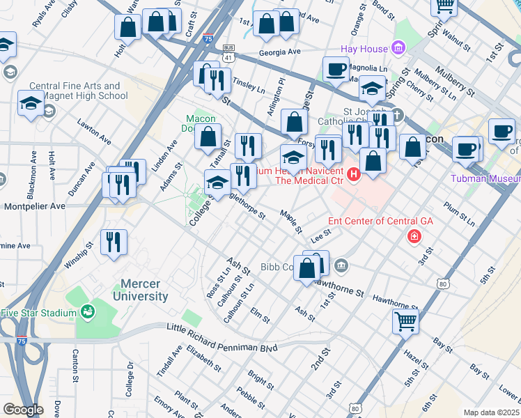 map of restaurants, bars, coffee shops, grocery stores, and more near 1154 Ross Street in Macon