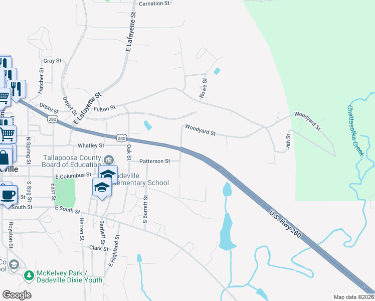 map of restaurants, bars, coffee shops, grocery stores, and more near Highway 38 in Dadeville
