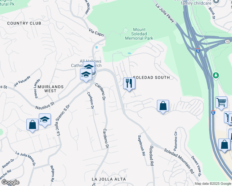 map of restaurants, bars, coffee shops, grocery stores, and more near 6375 Via Cabrera in San Diego