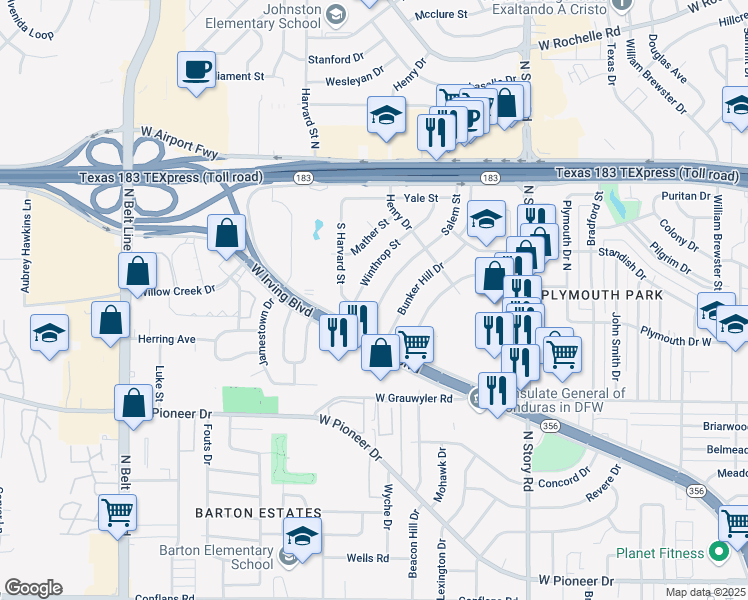 map of restaurants, bars, coffee shops, grocery stores, and more near 1721 Bunker Hill Drive in Irving