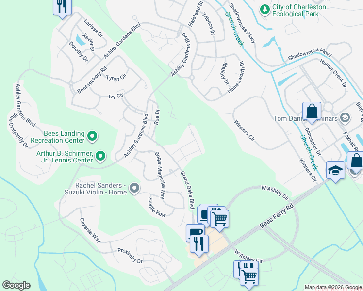 map of restaurants, bars, coffee shops, grocery stores, and more near 107 Fulmar Place in Charleston