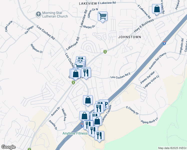 map of restaurants, bars, coffee shops, grocery stores, and more near 8541 Snow White Drive in El Cajon