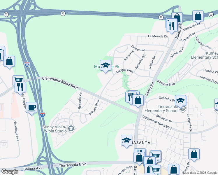 map of restaurants, bars, coffee shops, grocery stores, and more near 10232 Veracruz Court in San Diego
