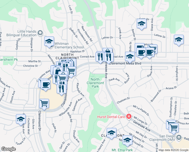 map of restaurants, bars, coffee shops, grocery stores, and more near 4425 Bannock Avenue in San Diego