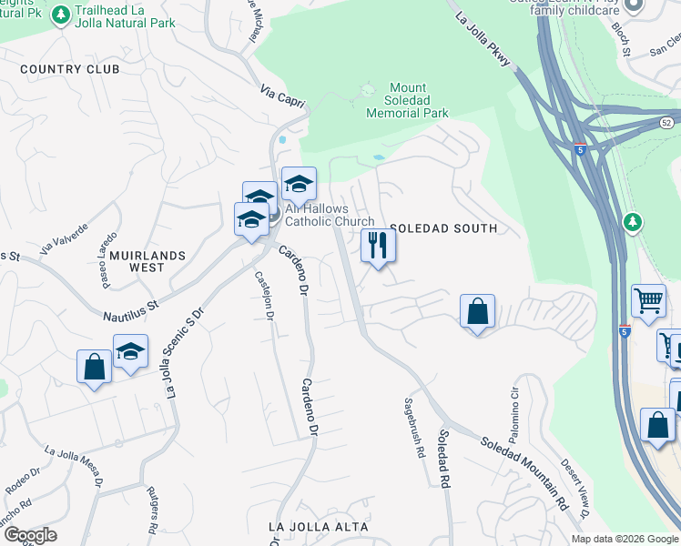 map of restaurants, bars, coffee shops, grocery stores, and more near 6349 Via Cabrera in San Diego