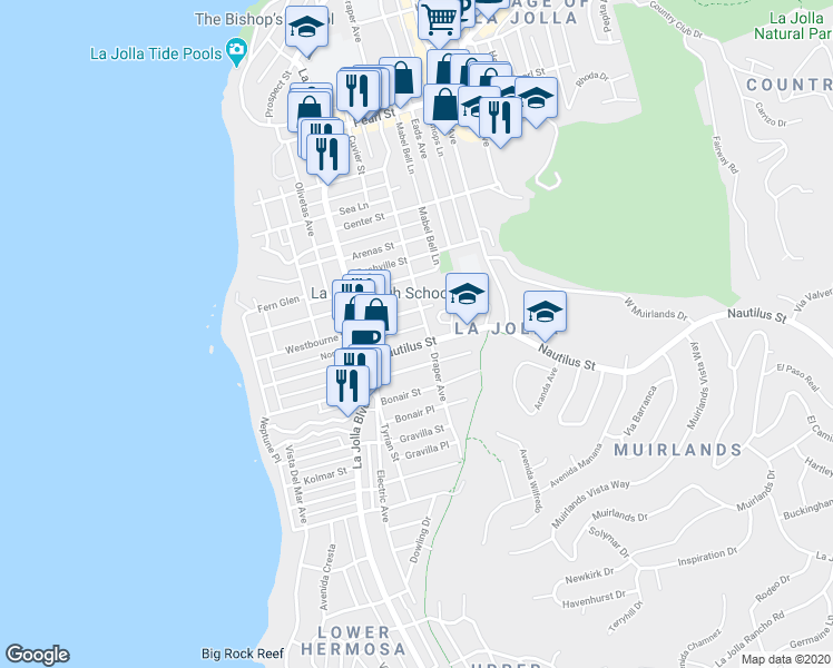 map of restaurants, bars, coffee shops, grocery stores, and more near 643 Nautilus Street in San Diego