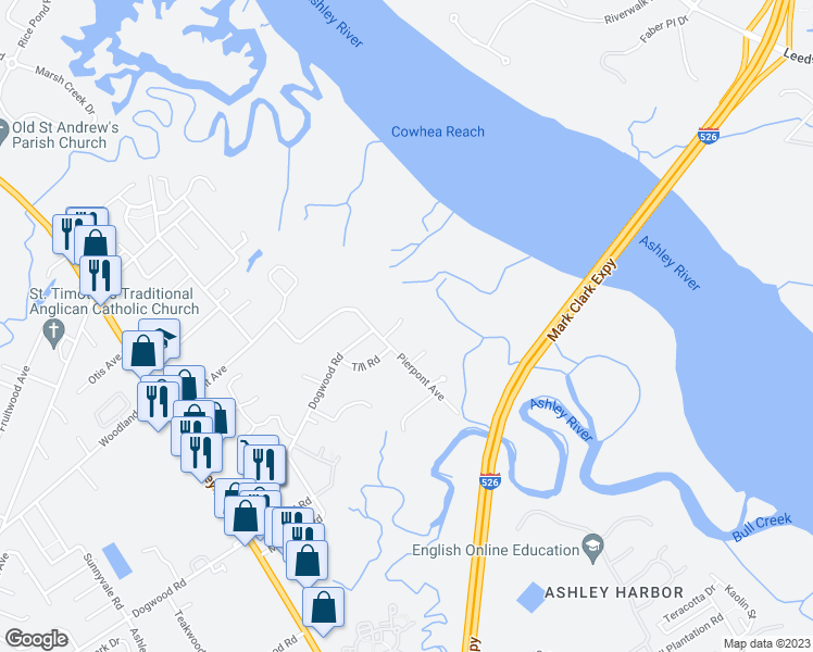 map of restaurants, bars, coffee shops, grocery stores, and more near 2112 Coffey Court in Charleston