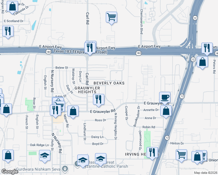 map of restaurants, bars, coffee shops, grocery stores, and more near 1708 North Irving Heights Drive in Irving