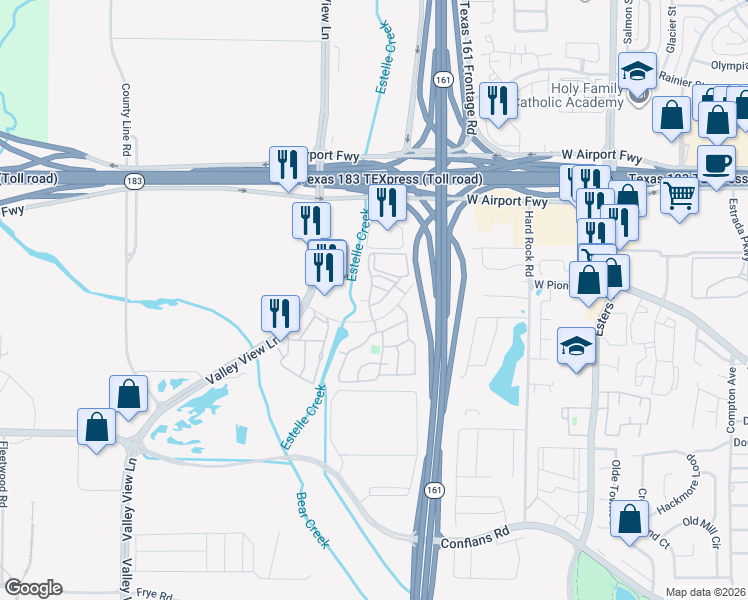 map of restaurants, bars, coffee shops, grocery stores, and more near 4529 West Pioneer Drive in Irving