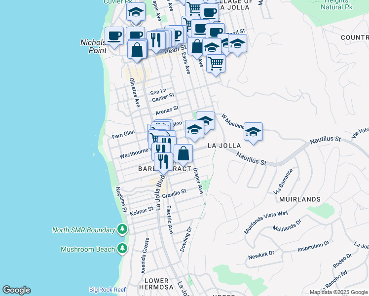 map of restaurants, bars, coffee shops, grocery stores, and more near 644 Nautilus Street in San Diego