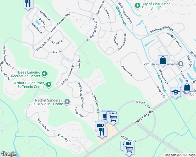 map of restaurants, bars, coffee shops, grocery stores, and more near 225 Brambling Lane in Charleston
