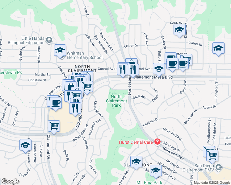 map of restaurants, bars, coffee shops, grocery stores, and more near 4425 Bannock Avenue in San Diego