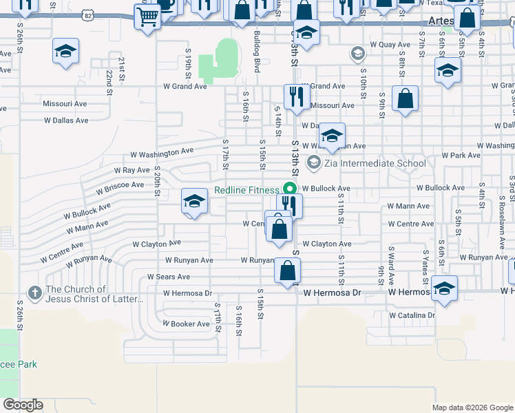 map of restaurants, bars, coffee shops, grocery stores, and more near 1106 South 15th Street in Artesia