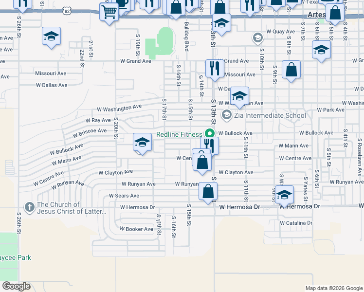 map of restaurants, bars, coffee shops, grocery stores, and more near 1106 South 15th Street in Artesia