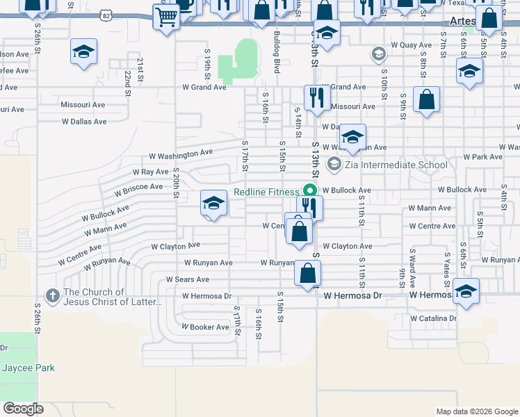 map of restaurants, bars, coffee shops, grocery stores, and more near 1105 S 17th St in Artesia