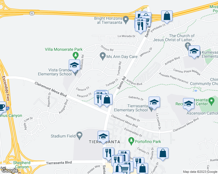 map of restaurants, bars, coffee shops, grocery stores, and more near 5615 Tortuga Court in San Diego