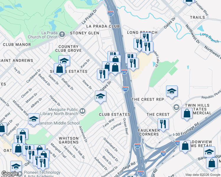 map of restaurants, bars, coffee shops, grocery stores, and more near 4612 Preston Trail Drive in Mesquite