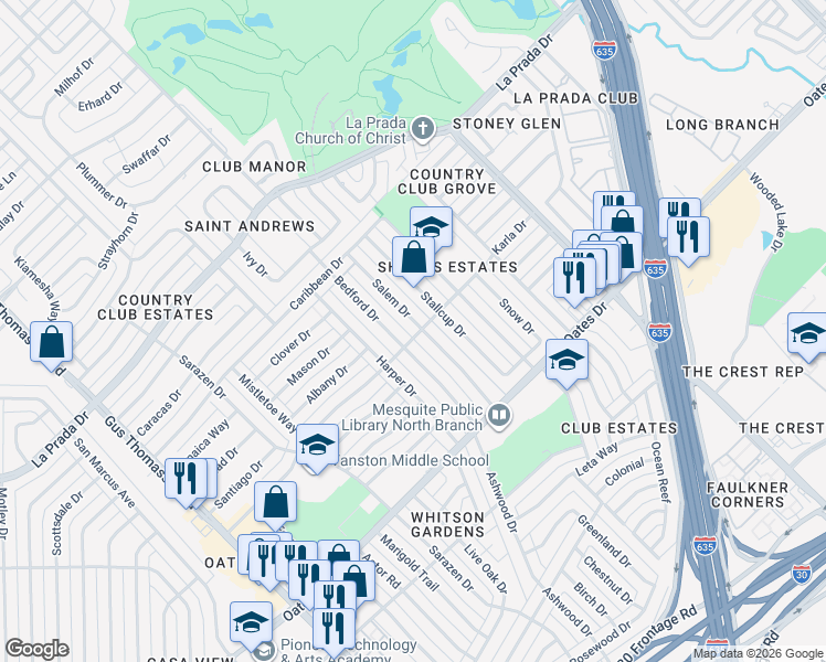 map of restaurants, bars, coffee shops, grocery stores, and more near 4778 Bedford Drive in Mesquite