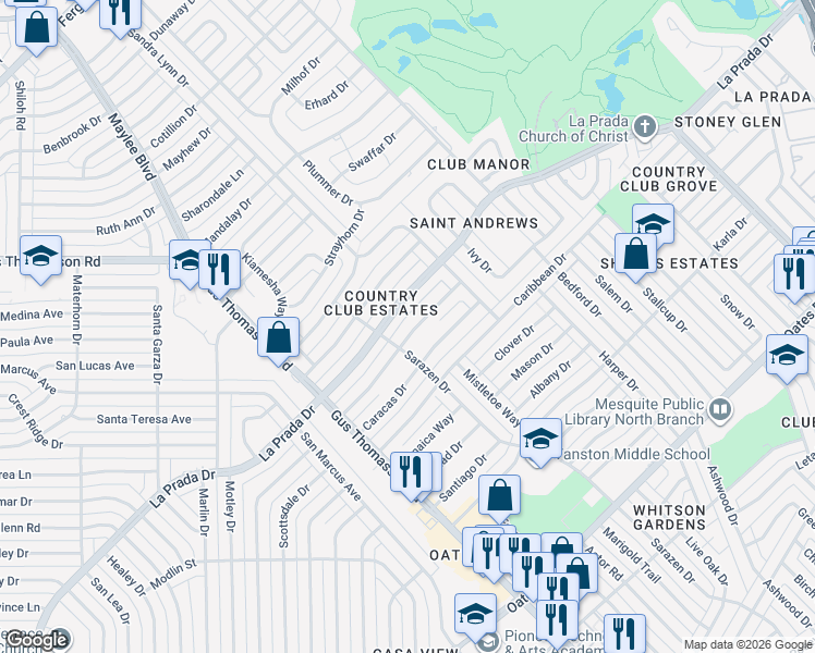 map of restaurants, bars, coffee shops, grocery stores, and more near 3457 Antilles Drive in Mesquite