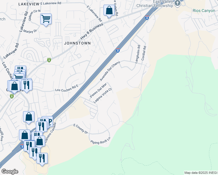 map of restaurants, bars, coffee shops, grocery stores, and more near 13669 Paseo Del Mar in El Cajon