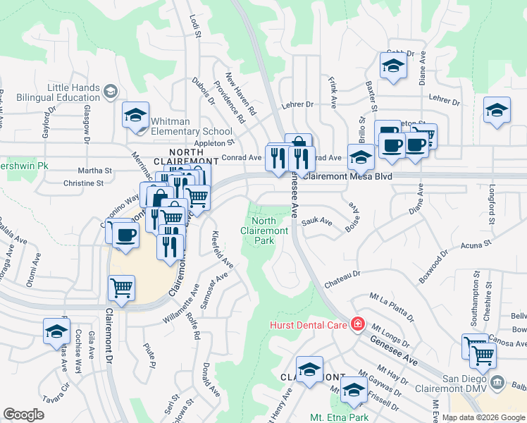 map of restaurants, bars, coffee shops, grocery stores, and more near 4425 Bannock Avenue in San Diego