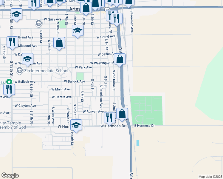 map of restaurants, bars, coffee shops, grocery stores, and more near 922 South 2nd Street in Artesia