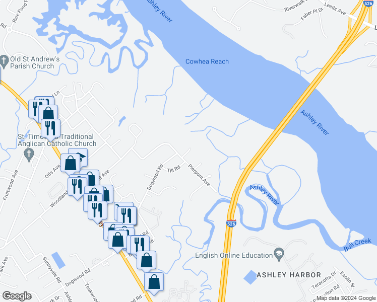 map of restaurants, bars, coffee shops, grocery stores, and more near 2109 Razorback Lane in Charleston