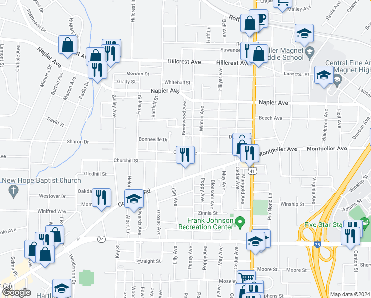 map of restaurants, bars, coffee shops, grocery stores, and more near 2795 Cherry Avenue in Macon