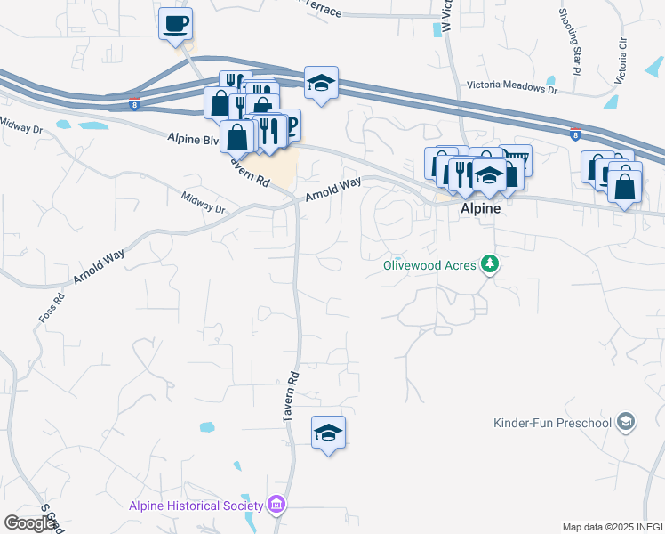 map of restaurants, bars, coffee shops, grocery stores, and more near 1539 Tavern Road in Alpine