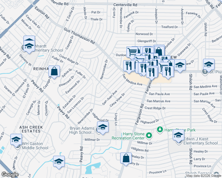 map of restaurants, bars, coffee shops, grocery stores, and more near 10187 San Juan Avenue in Dallas
