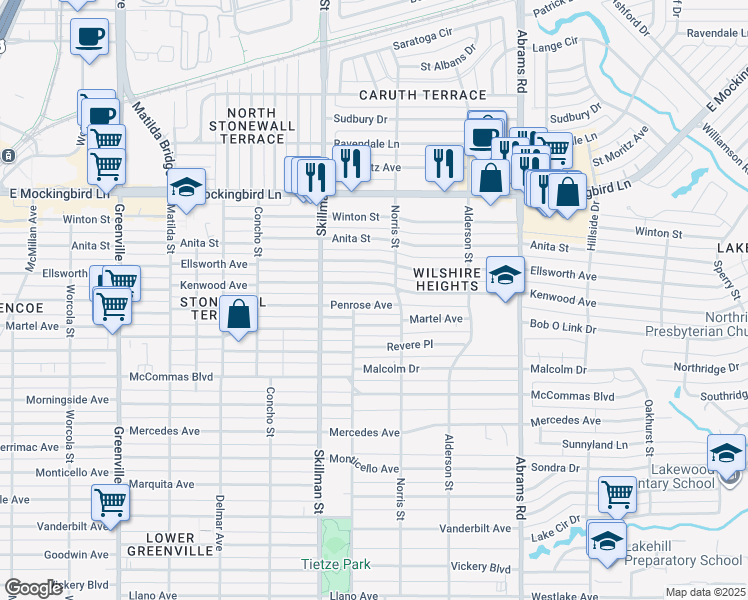 map of restaurants, bars, coffee shops, grocery stores, and more near 6219 Penrose Avenue in Dallas