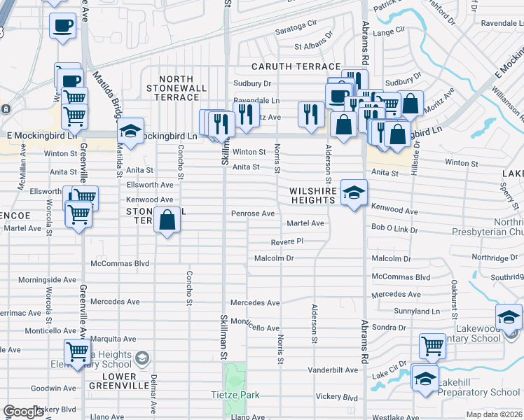map of restaurants, bars, coffee shops, grocery stores, and more near 6219 Penrose Avenue in Dallas