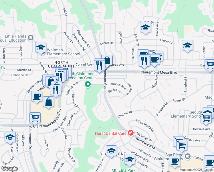 map of restaurants, bars, coffee shops, grocery stores, and more near 4501 Bannock Avenue in San Diego