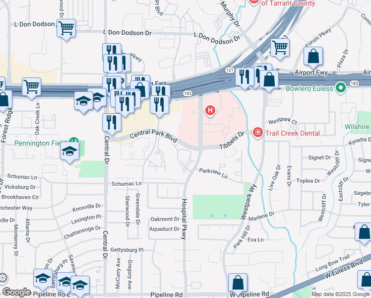 map of restaurants, bars, coffee shops, grocery stores, and more near 2532 Central Park Boulevard in Bedford