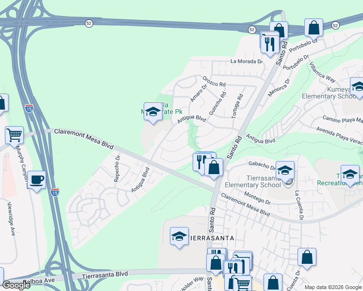 map of restaurants, bars, coffee shops, grocery stores, and more near 10337 Carioca Court in San Diego