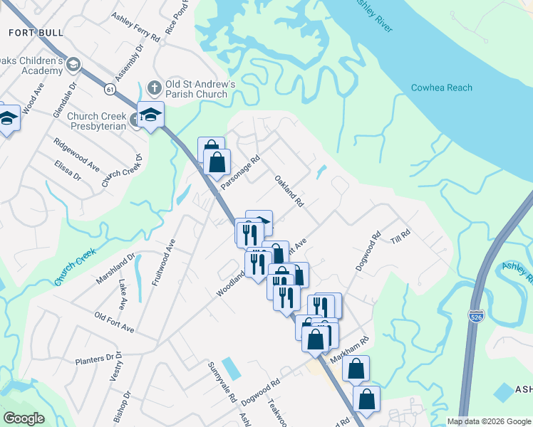 map of restaurants, bars, coffee shops, grocery stores, and more near 2520 Ashley River Road in Charleston