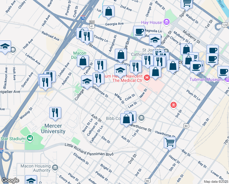 map of restaurants, bars, coffee shops, grocery stores, and more near 1007 Oglethorpe Street in Macon