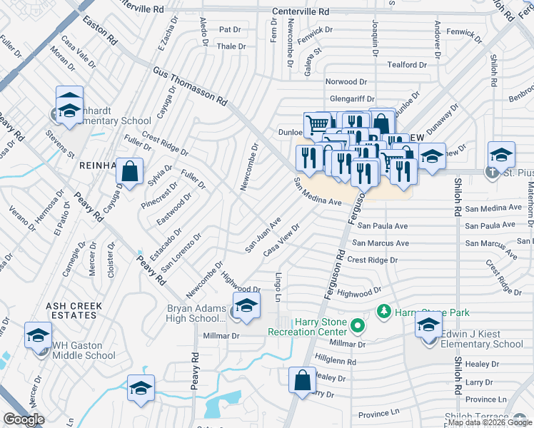 map of restaurants, bars, coffee shops, grocery stores, and more near 10187 San Juan Avenue in Dallas