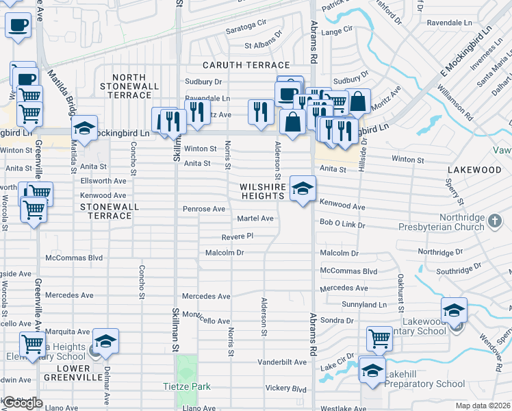 map of restaurants, bars, coffee shops, grocery stores, and more near 6298 Martel Avenue in Dallas