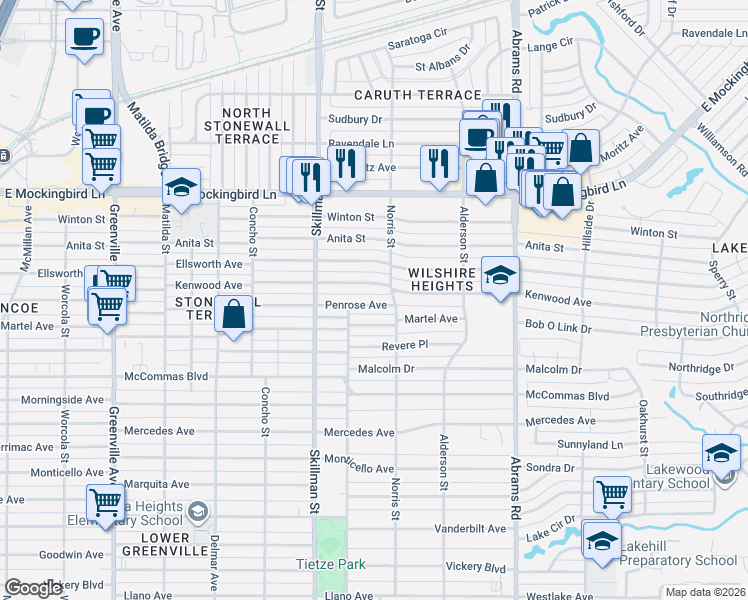 map of restaurants, bars, coffee shops, grocery stores, and more near 6227 Martel Ave in Dallas