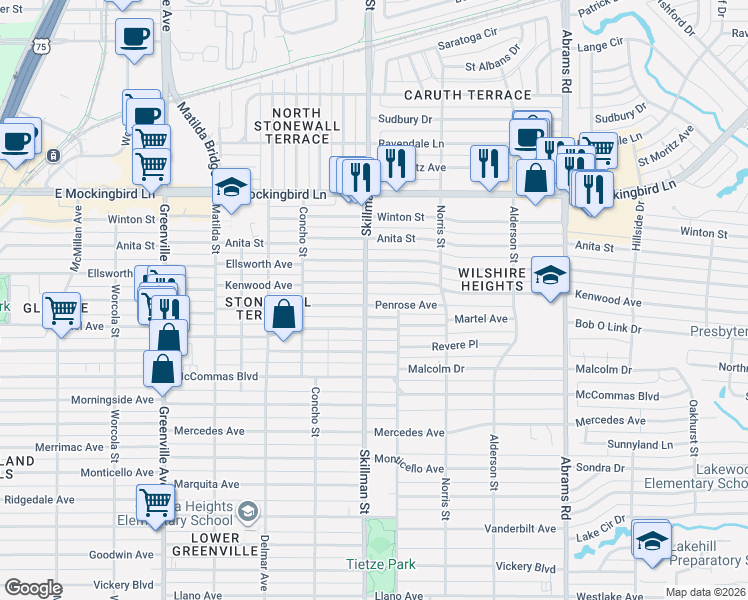 map of restaurants, bars, coffee shops, grocery stores, and more near 6125 Martel Avenue in Dallas