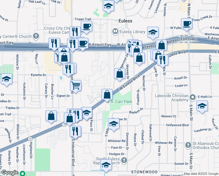 map of restaurants, bars, coffee shops, grocery stores, and more near 421 Park Drive in Euless