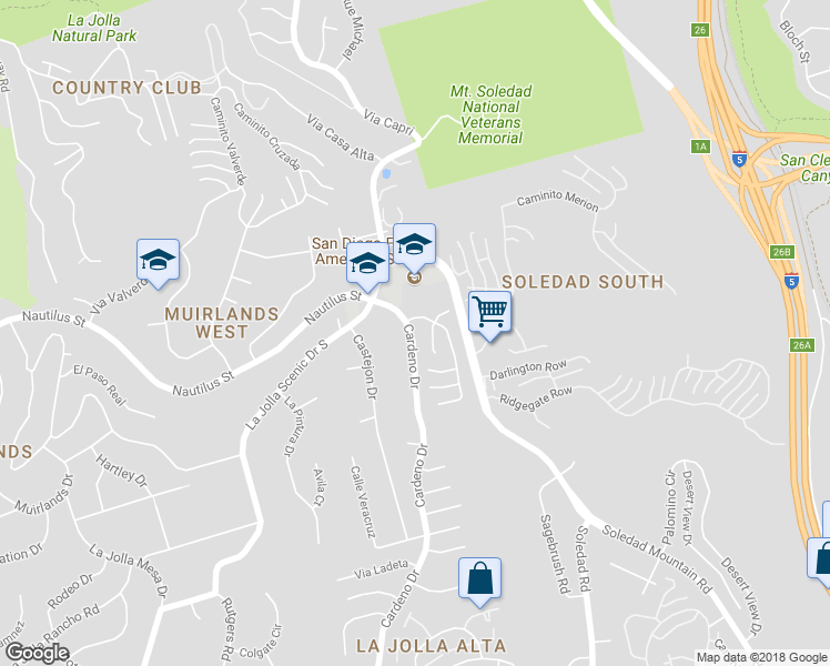 map of restaurants, bars, coffee shops, grocery stores, and more near 6353 Cardeno Drive in San Diego